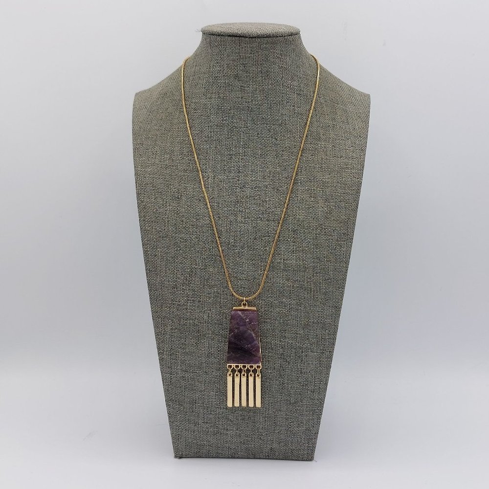 New Gold Toned Necklace Maybe Amethyst Stone Metal Fringe  30" x  3" Extender